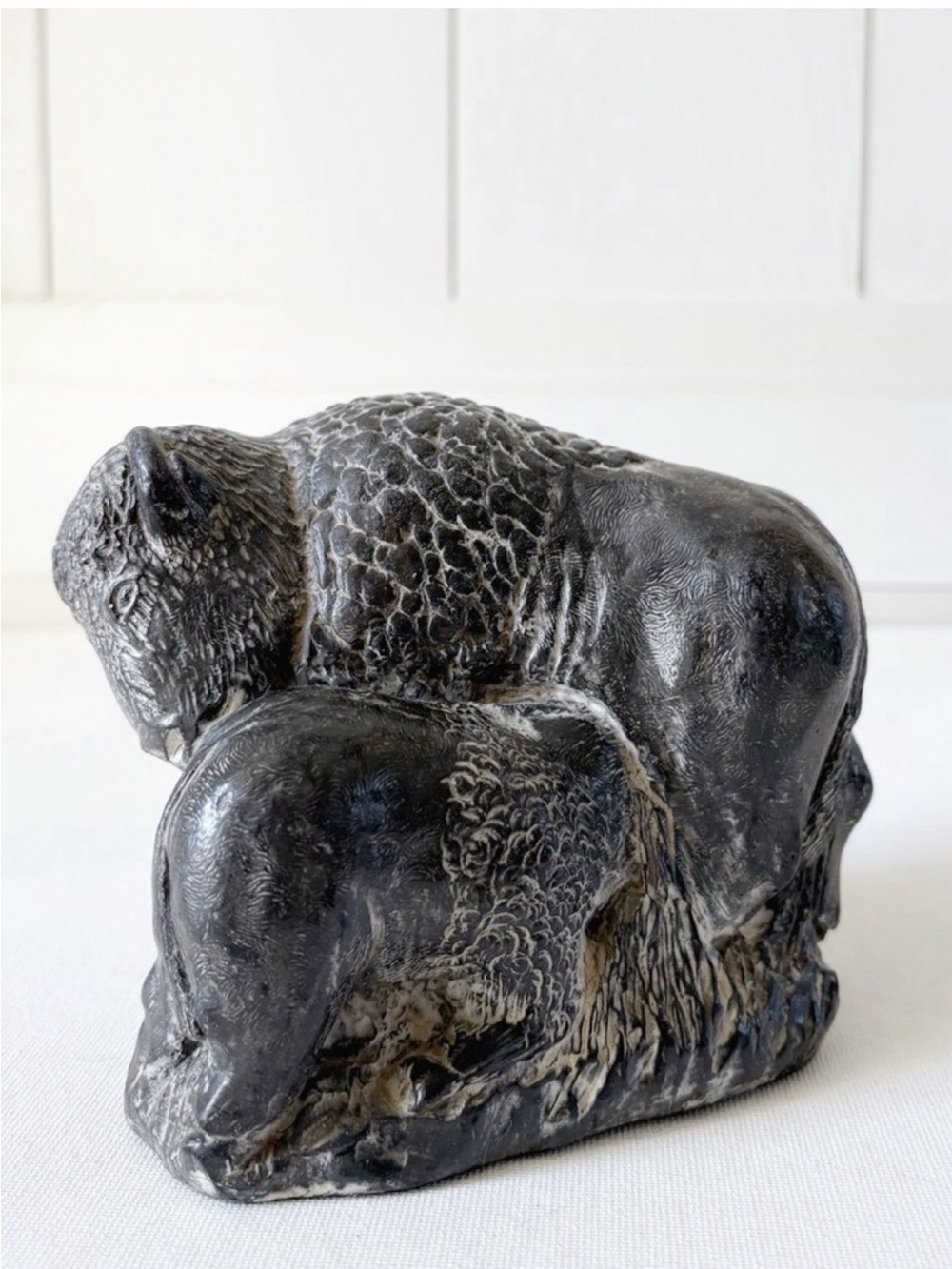 Vintage A Wolf Original Large Bison and Nursing Calf Soapstone Sculpture